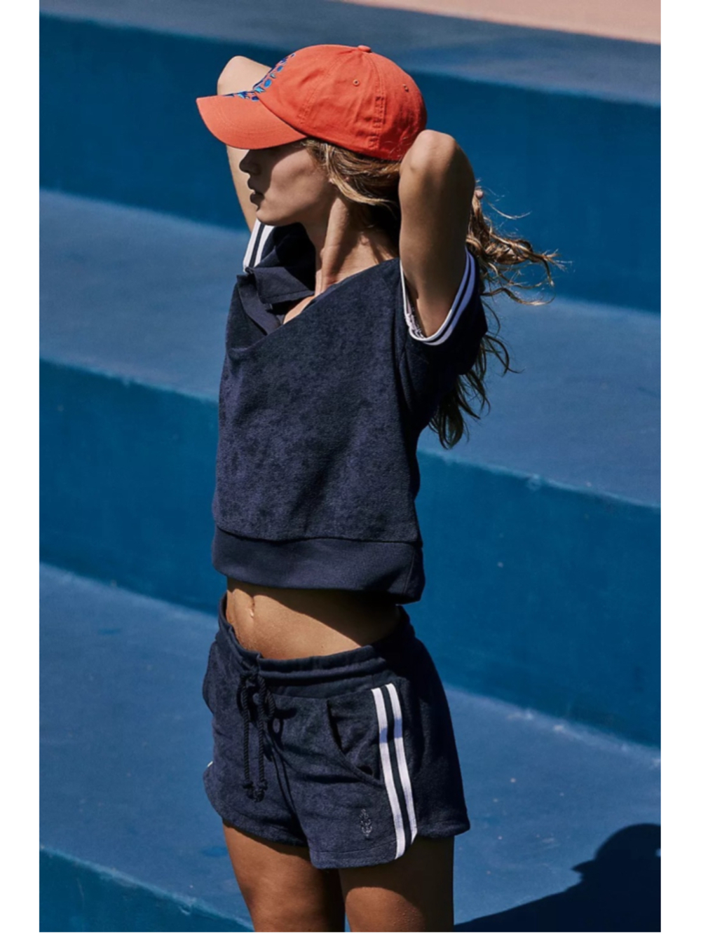 Free People FP Movement Sz L 2 Piece Polo Short Set Navy Terry Lounge Athleisure - Picture 2 of 11